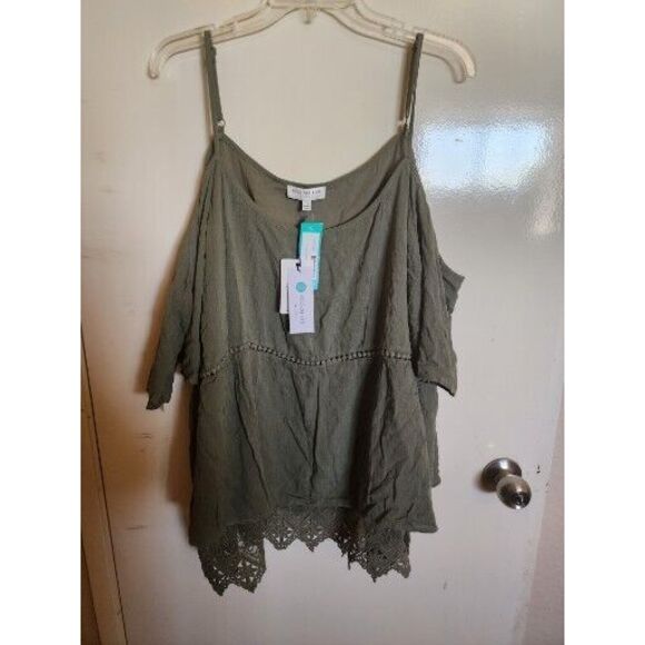 Skies Are Blue Curvy Langlock Cold‎ Shoulder Swiss Dots Boho Chic Lace Green 3X - Picture 1 of 9
